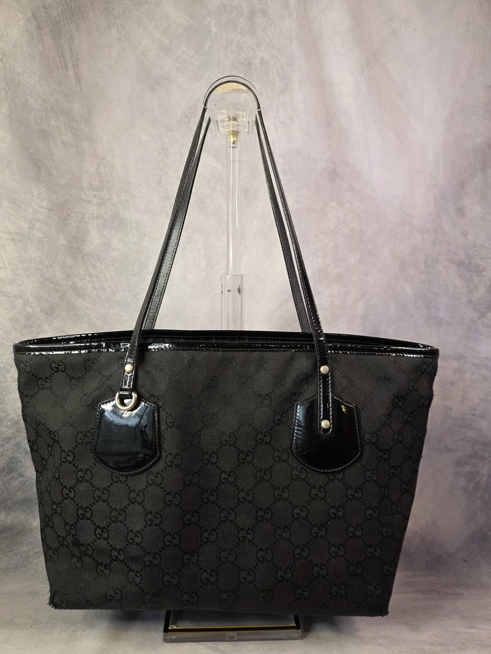 Gucci Black GG Monogram Canvas Glossy Patent Trim Tote Bag 211976